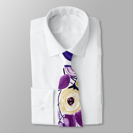 黄色の紫色のフローラブーケの水彩柄 ネクタイ (タイ)