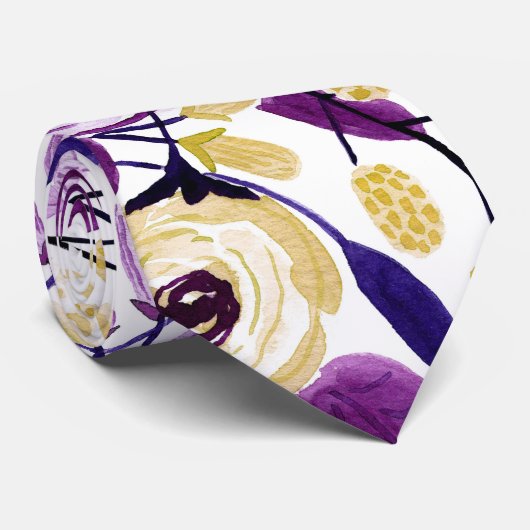 黄色の紫色のフローラブーケの水彩柄 ネクタイ (ロール)