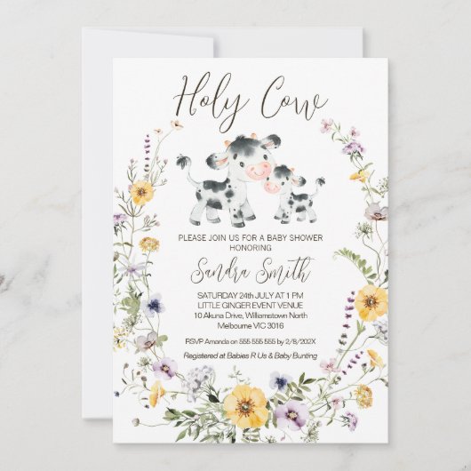 黄色の紫色の野生の花の聖なる牛の赤ちゃんシャワー 招待状 (正面)