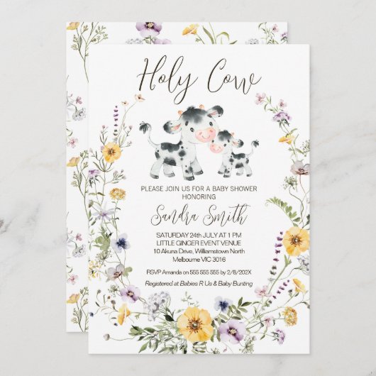 黄色の紫色の野生の花の聖なる牛の赤ちゃんシャワー 招待状 (正面/裏面)