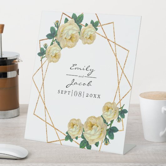 黄色の結婚フローラエレガント金ゴールドグリッター幾何学的 台座サイン (インサイチュ)