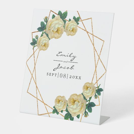 黄色の結婚フローラエレガント金ゴールドグリッター幾何学的 台座サイン (正面)