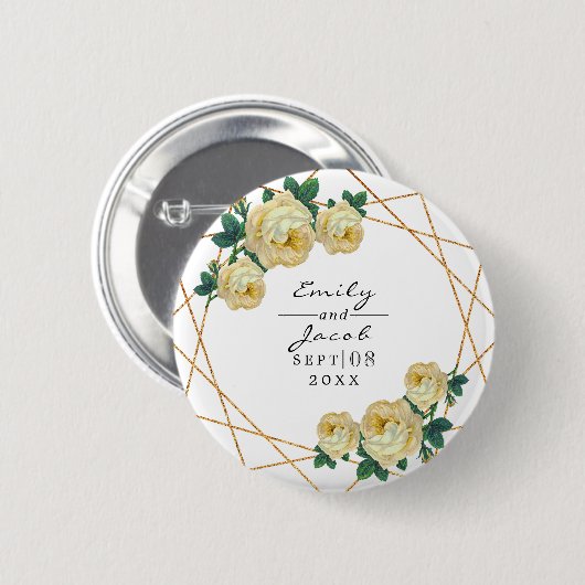 黄色の結婚フローラエレガント金ゴールドグリッター幾何学的 缶バッジ (正面&裏面)