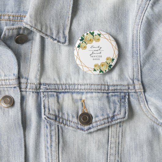 黄色の結婚フローラエレガント金ゴールドグリッター幾何学的 缶バッジ (インサイチュ)