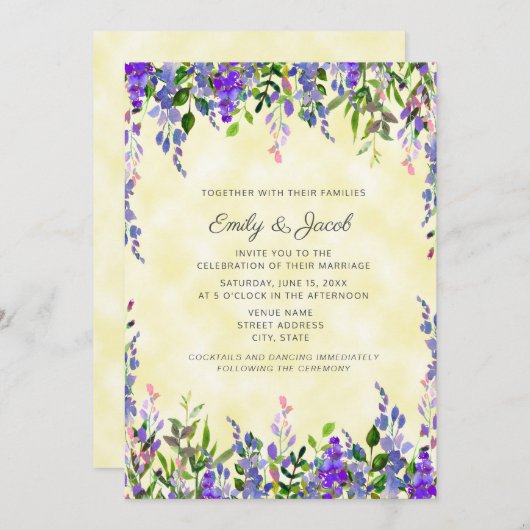 黄色の結婚式の招待に水の色ラベンダー 招待状 (正面/裏面)