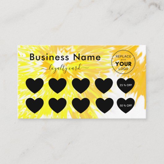 黄色の絞り染めロゴの追加ミニマル割引&ガーリー ロイヤリティカード (正面)