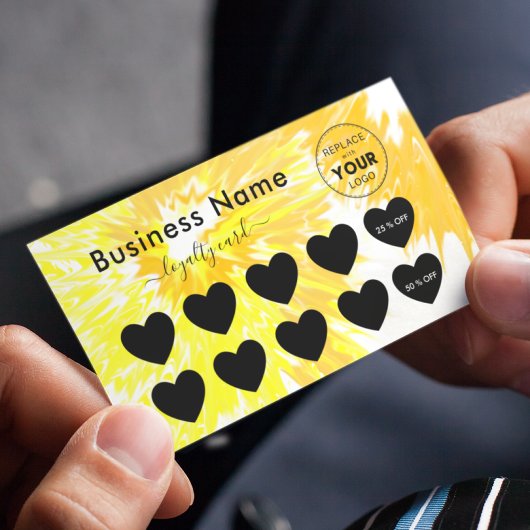 黄色の絞り染めロゴの追加ミニマル割引&ガーリー ロイヤリティカード