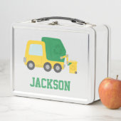 黄色の緑のごみトラックの子供たちパーソナライズされた メタルランチボックス (インサイチュ)