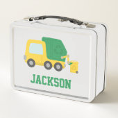 黄色の緑のごみトラックの子供たちパーソナライズされた メタルランチボックス (裏面)