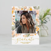 黄色の緑のスクリプト3枚の写真の卒業 箔招待状 (立ち正面)