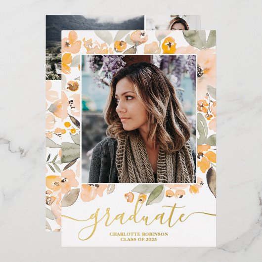 黄色の緑のスクリプト3枚の写真の卒業 箔招待状 (正面/裏面)