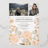 黄色の緑のスクリプト3枚の写真の卒業 箔招待状 (裏面)