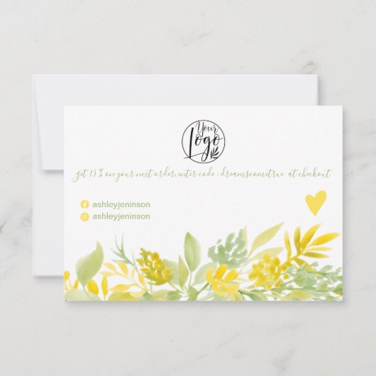 黄色の緑のフローラの水の色の感謝してい順序は サンキューカード (裏面)