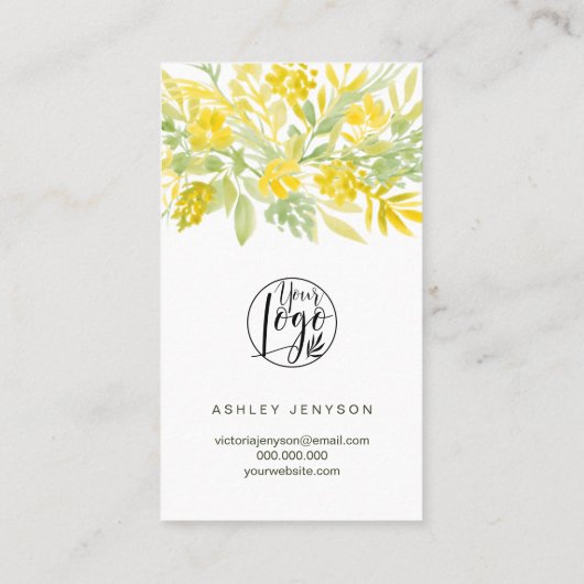 黄色の緑のフローラスクリプトのロ感謝していゴの順序 名刺 (裏面)