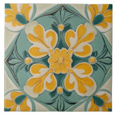 黄色の緑の幾何学的フローラ地中海の花 タイル (正面)