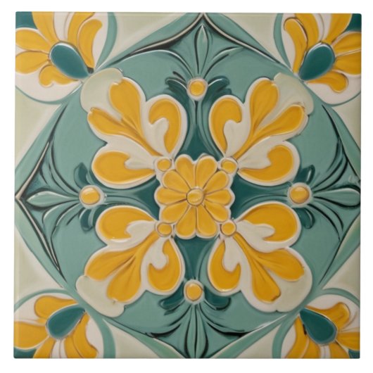 黄色の緑の幾何学的フローラ地中海の花 タイル (正面)