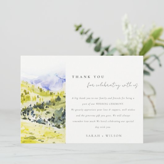 黄色の緑の水の色の国の側ヒルズ結婚ズ サンキューカード (スタンド正面)
