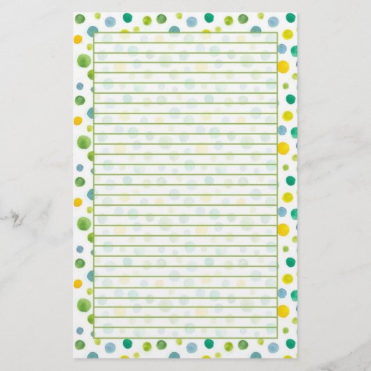 黄色の緑の水色の水玉模様が並ぶ 便箋 (正面)
