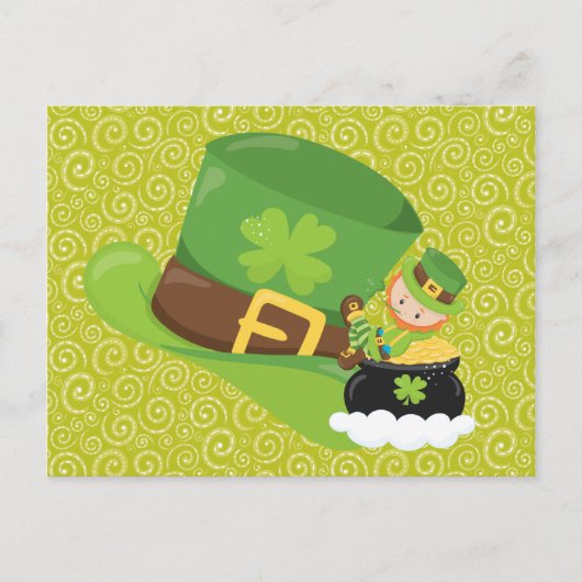 黄色の緑の渦巻き型グリーンハットLeprechaunはがき ポストカード (正面)