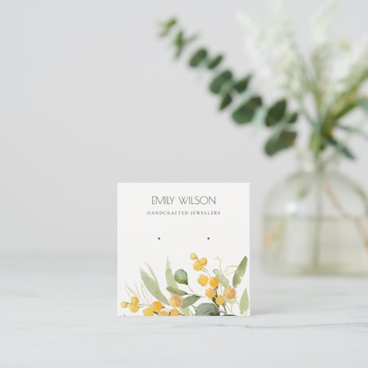 黄色の緑の金ゴールドガラガラの葉のイヤリングディスプレイ スクエア名刺 (スタンド正面)