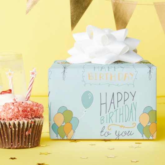 黄色の緑の青いハッピーバースデーバルーン ラッピングペーパー (誕生日パーティー)