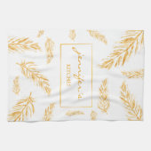 黄色の羽毛(名前をカスタムする) キッチンタオル (横)