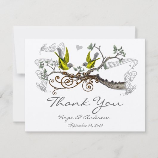 黄色の翼とグレーのヴィンテージラブバードありがとう サンキューカード (正面)