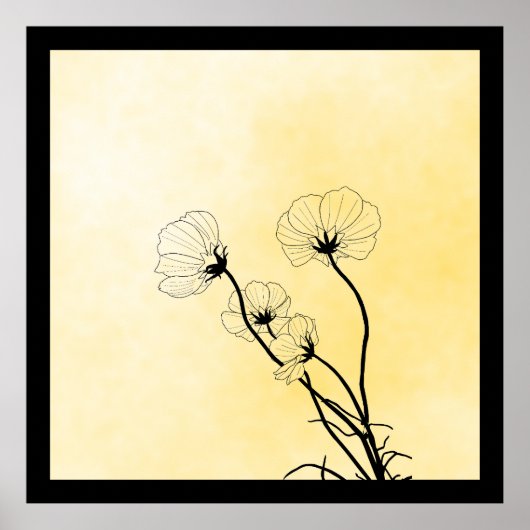 黄色の背景に描かれた蘭の花のラインアート ポスター (正面)