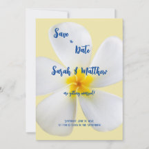 黄色の背景に白いプルメリア、トロピカルで花のある結婚式