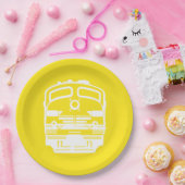 黄色の背景に白い列車のエンジンプロファイル ペーパープレート (パーティー)