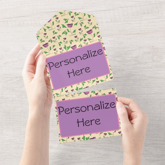 黄色の背景に紫のチューリップ オールインワン招待状 (貼ってはがせる)