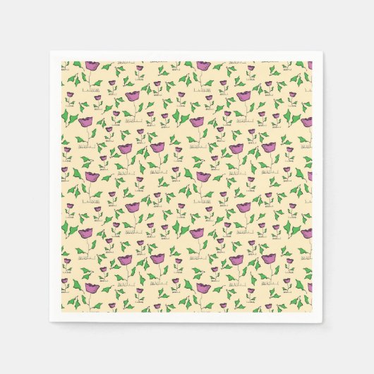 黄色の背景に紫のチューリップ スタンダードカクテルナプキン (正面)