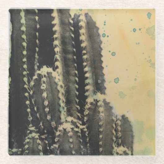 黄色の背景に緑のサボテン ガラスコースター (正面)