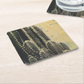 黄色の背景に緑のサボテン スクエアペーパーコースター (アングル)