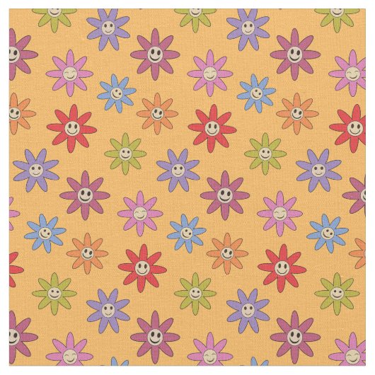 黄色の背景に色とりどりの花のレトロなスマイル ファブリック (クローズアップ)