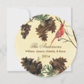 黄色の背景に赤いカーディナルと松ぼっくり ホリデーカード (裏面)