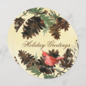 黄色の背景に赤いカーディナルと松ぼっくり ホリデーカード (正面/裏面)