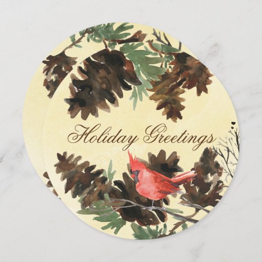 黄色の背景に赤いカーディナルと松ぼっくり ホリデーカード (正面/裏面)