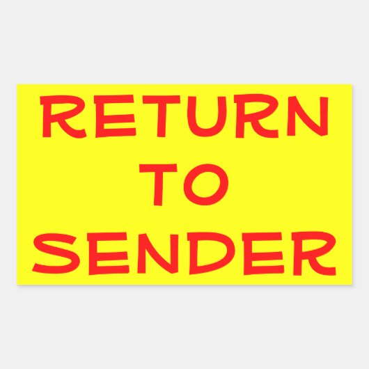 黄色の背景に赤文字で「Return to Sender」 長方形シール (正面)