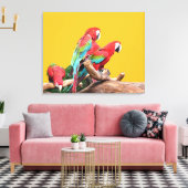 黄色の背景に3つのパロット。 キャンバスプリント (インサイチュ (リビング))