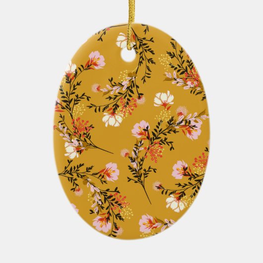 黄色の背景の花 セラミックオーナメント (正面)