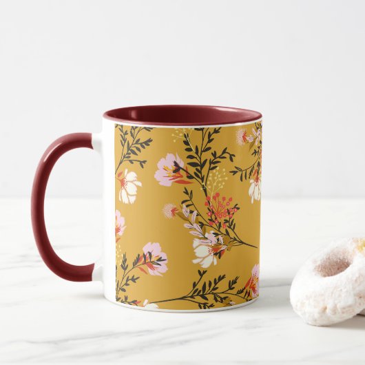 黄色の背景の花 マグカップ (ドーナツ)