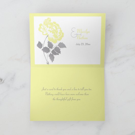 黄色の芍薬がプリントされた白いグレーの感謝カードです サンキューカード (内部)
