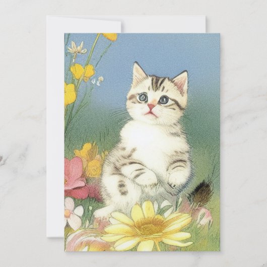 黄色の花とヴィンテージの子猫イラスト 招待状 (正面)