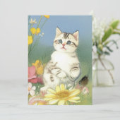 黄色の花とヴィンテージの子猫イラスト 招待状 (スタンド正面)
