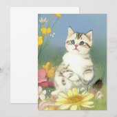 黄色の花とヴィンテージの子猫イラスト 招待状 (正面/裏面)