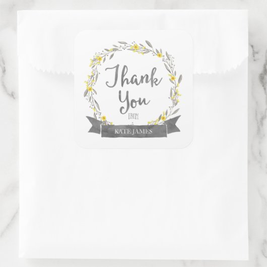 黄色の花と灰色の葉リースありがとうございます スクエアシール (バッグ)