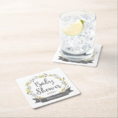 黄色の花と灰色の葉リース赤ちゃんシャワー スクエアペーパーコースター (インサイチュ)