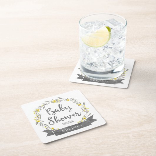 黄色の花と灰色の葉リース赤ちゃんシャワー スクエアペーパーコースター (インサイチュ)