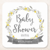 黄色の花と灰色の葉リース赤ちゃんシャワー スクエアペーパーコースター (正面)